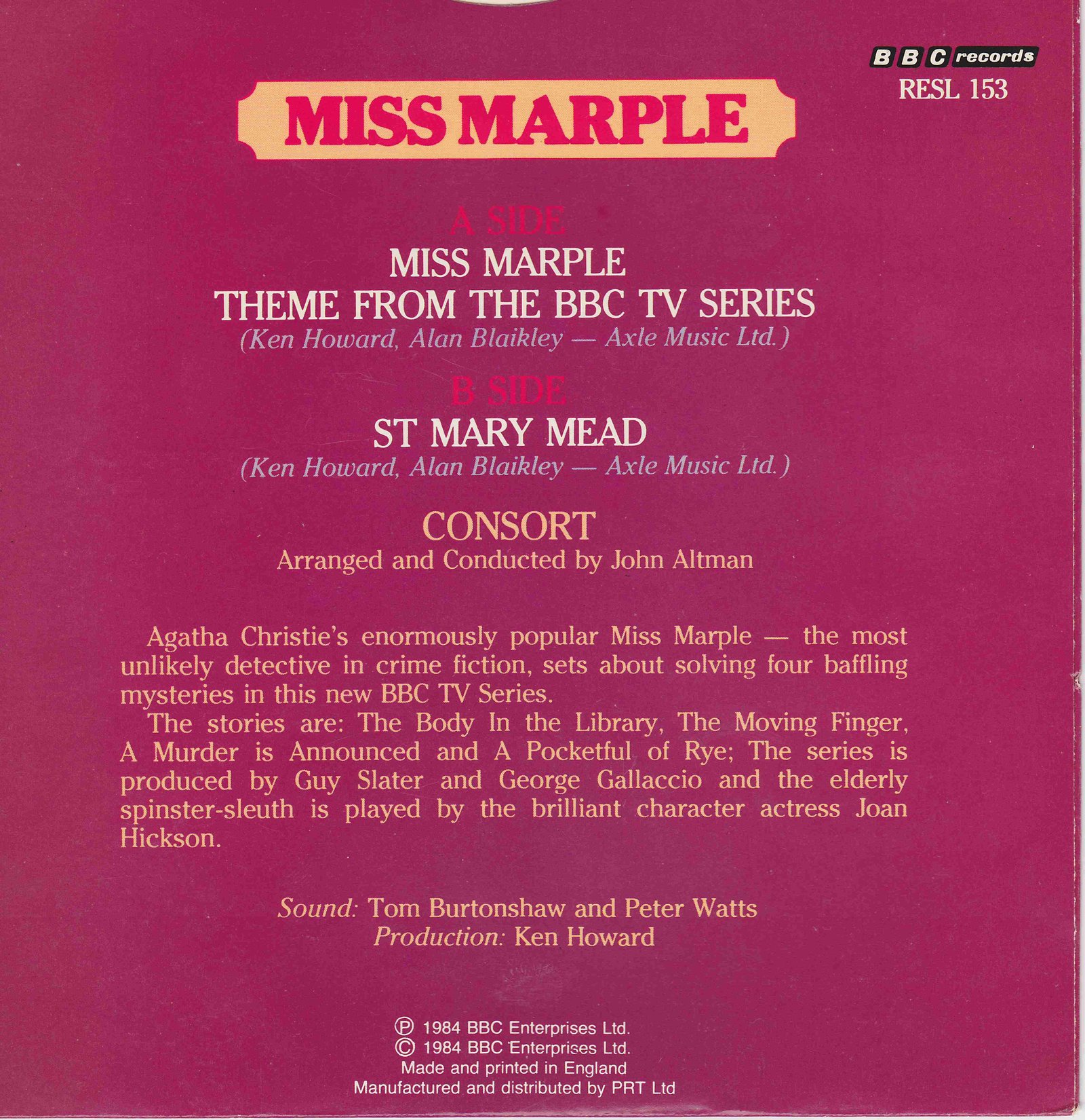 Picture of RESL 153 Miss Marple by artist Ken Howard / Alan Blaikley / John Altman / Consort from the BBC records and Tapes library